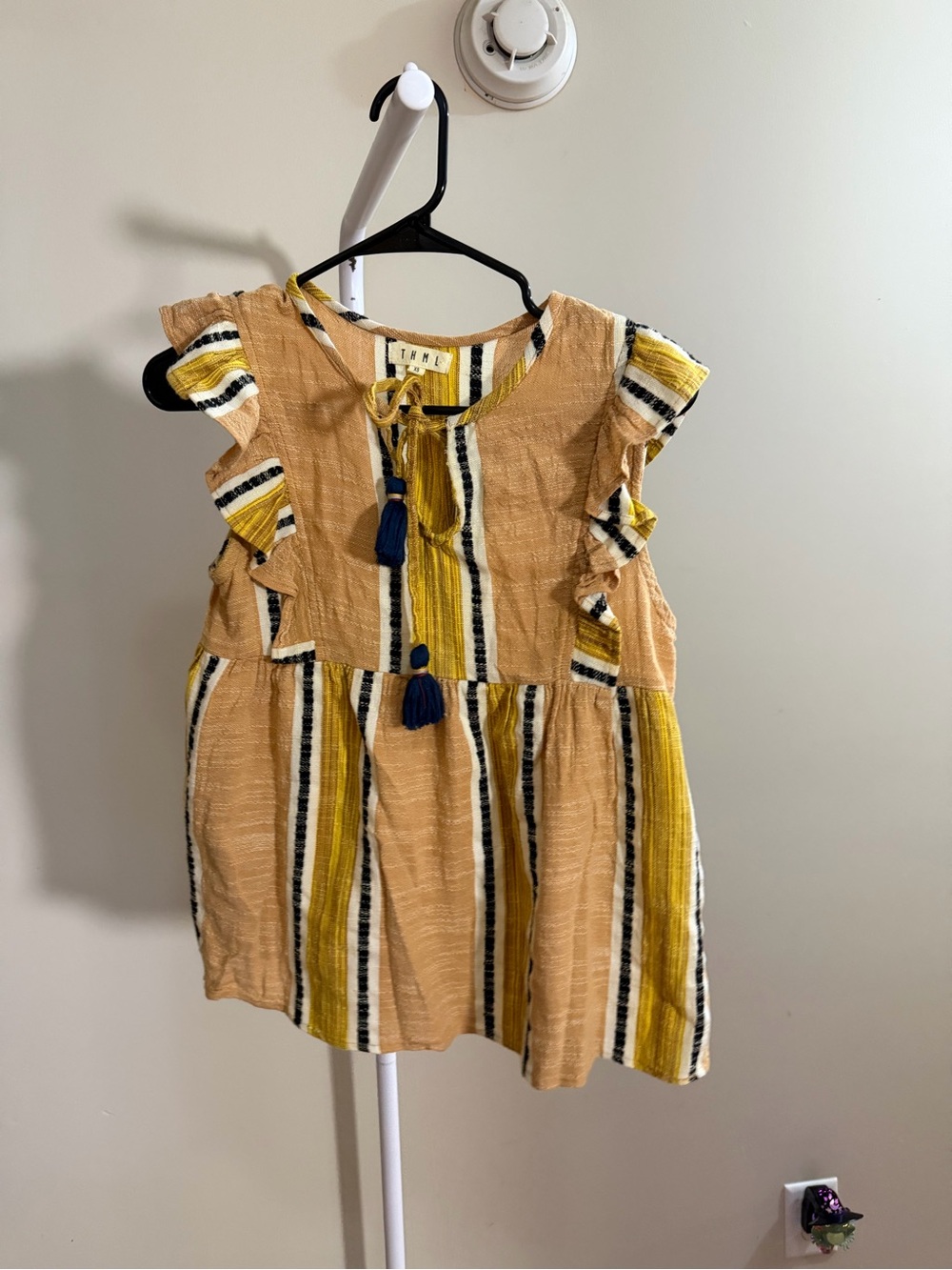 THML Yellow and Navy Striped Ruffle Sleeve Kids Dress